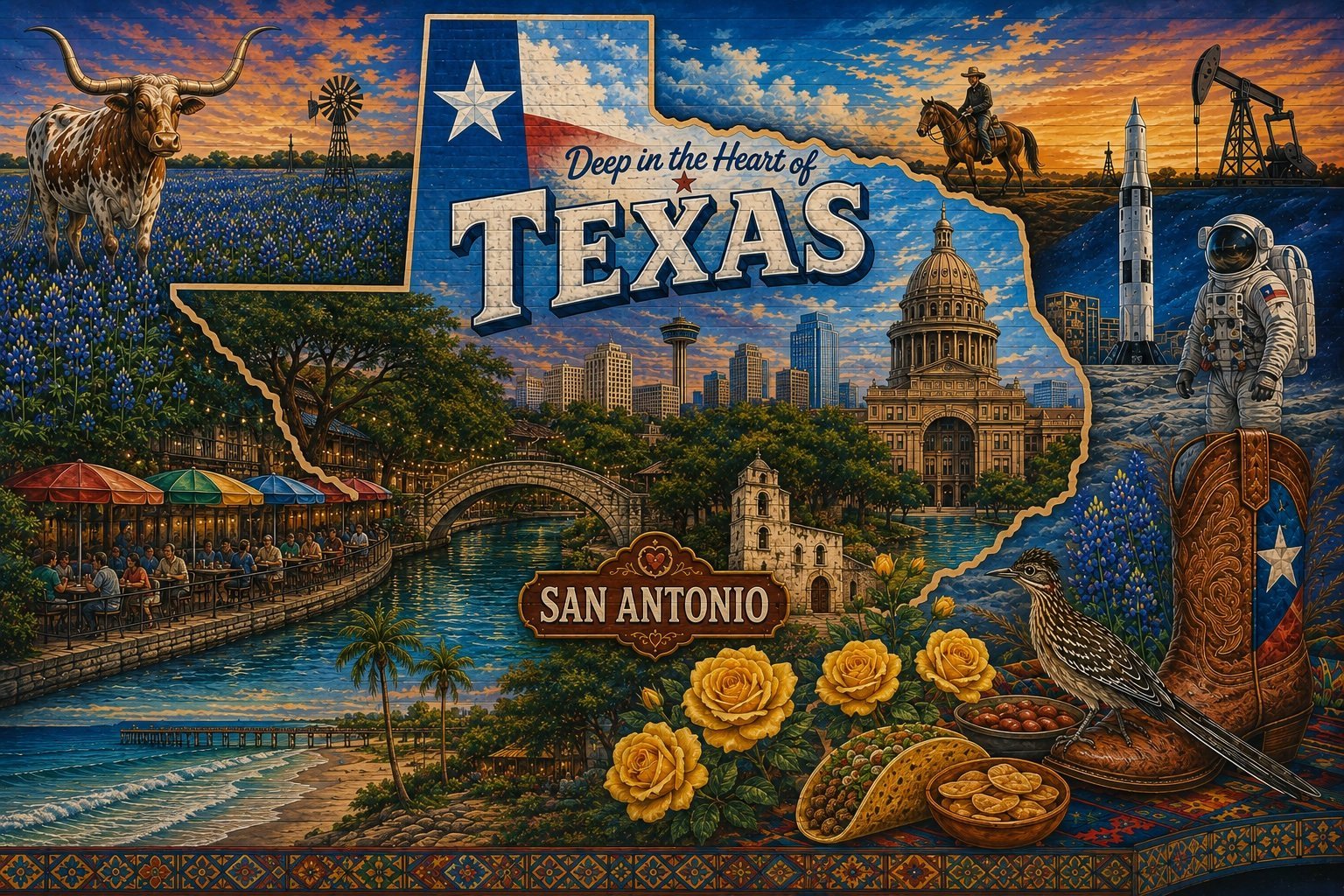 Collage of Texas and 2520 Network imagery featuring the state flag, capitol building, longhorn cattle, oil derricks, San Antonio River Walk, and cultural symbols
